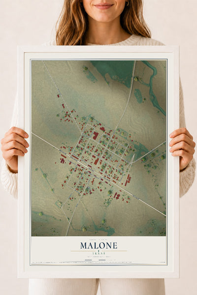 Map of Malone, Texas, 18 x 24 inch print in a white wood frame