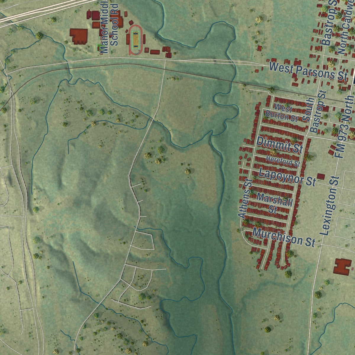 Second close-up of the map of Manor, Texas print showing more streets and buildings