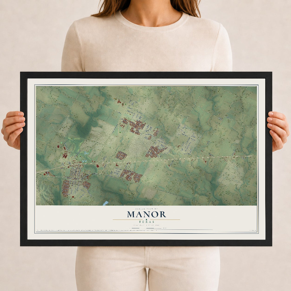 Map of Manor, Texas, 12 x 18 inch print in a black wood frame