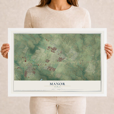 Map of Manor, Texas, 12 x 18 inch print in a white wood frame