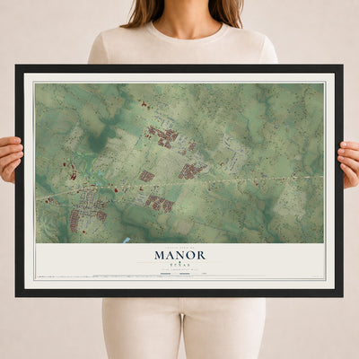 Map of Manor, Texas, 18 x 24 inch print in a black wood frame