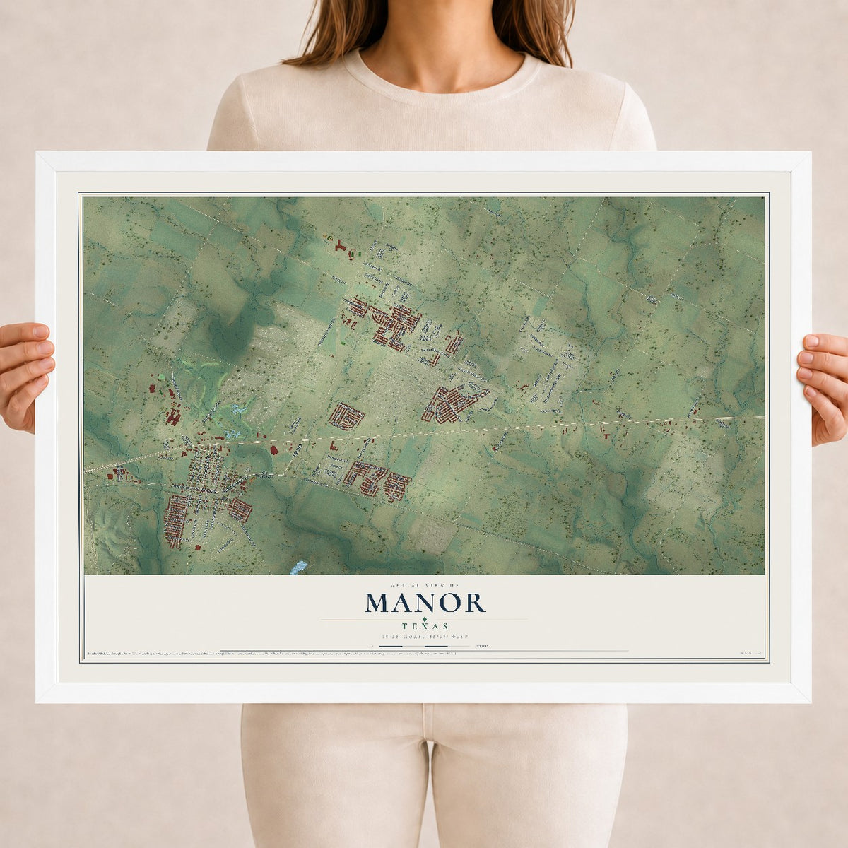 Map of Manor, Texas, 18 x 24 inch print in a white wood frame