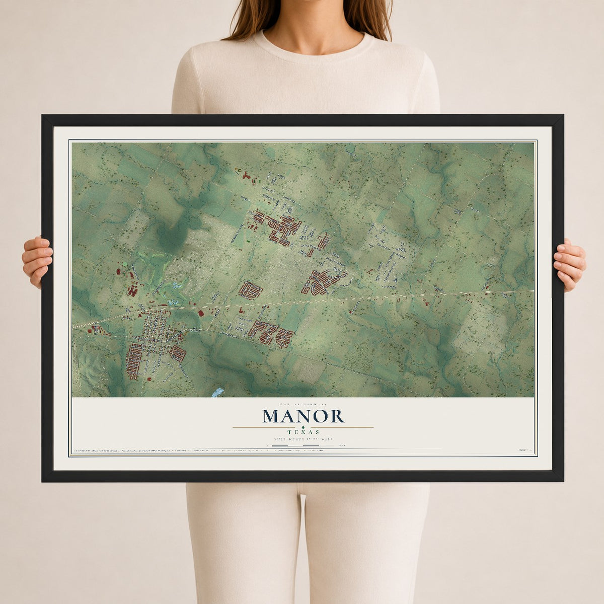 Map of Manor, Texas, 24 x 36 inch print in a black wood frame