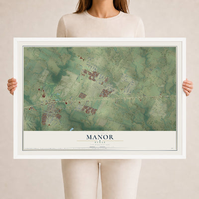 Map of Manor, Texas, 24 x 36 inch print in a white wood frame