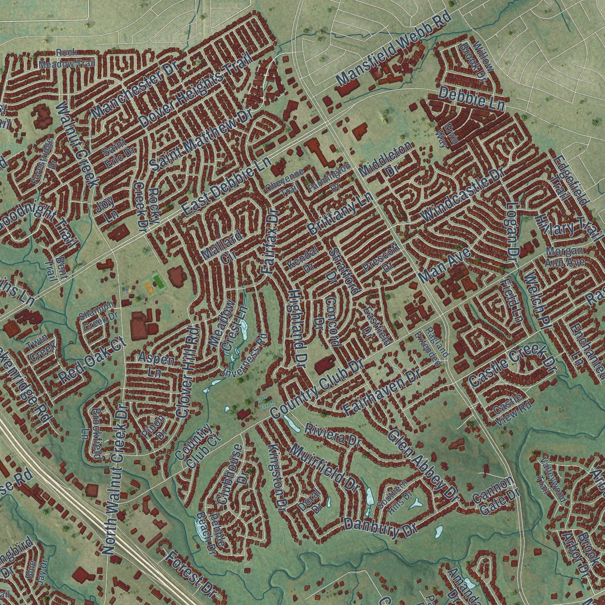 Close-up of the map of Mansfield, Texas print showing street and building detail