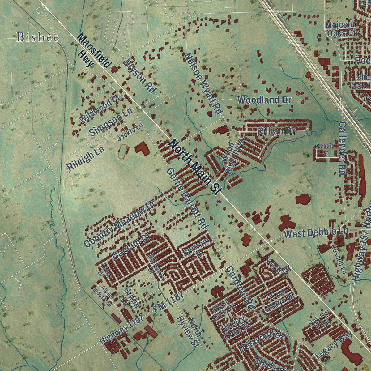 Second close-up of the map of Mansfield, Texas print showing more streets and buildings