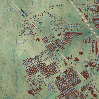 Second close-up of the map of Mansfield, Texas print showing more streets and buildings