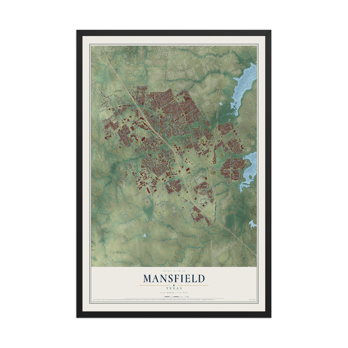 Map of Mansfield, Texas, 12 x 18 inch print in a black wood frame