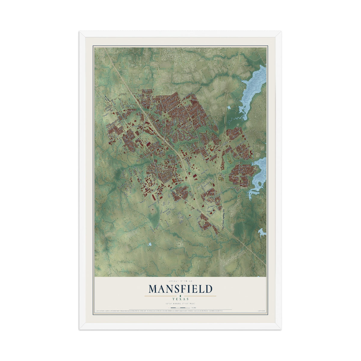 Map of Mansfield, Texas, 12 x 18 inch print in a white wood frame
