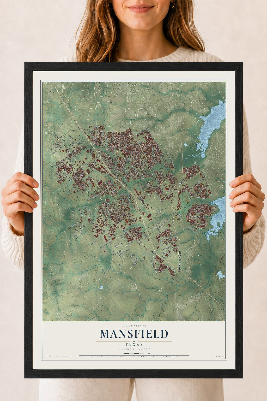Map of Mansfield, Texas, 18 x 24 inch print in a black wood frame