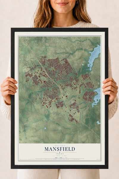 Map of Mansfield, Texas, 18 x 24 inch print in a black wood frame