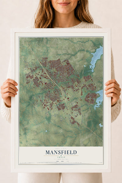 Map of Mansfield, Texas, 18 x 24 inch print in a white wood frame