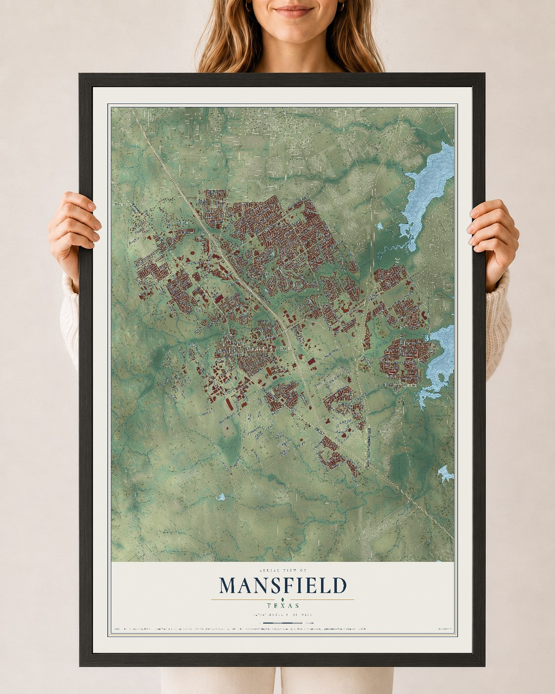 Map of Mansfield, Texas, 24 x 36 inch print in a black wood frame