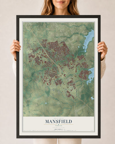Map of Mansfield, Texas, 24 x 36 inch print in a black wood frame