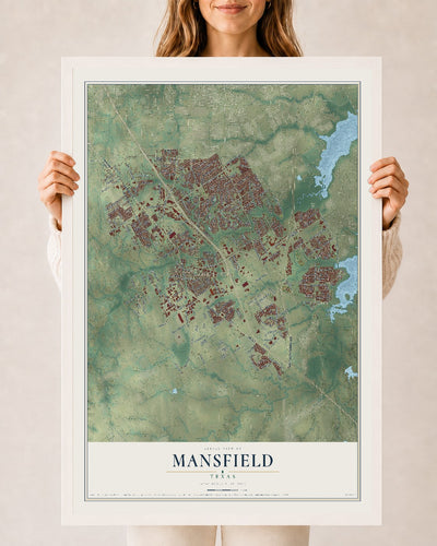Map of Mansfield, Texas, 24 x 36 inch print in a white wood frame