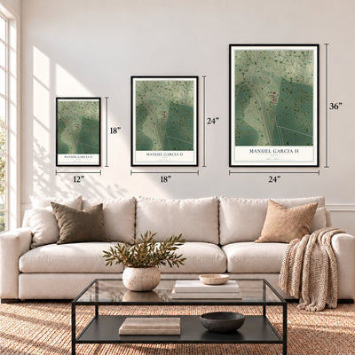 Manuel Garcia II, Texas map in 12 x 18, 18 x 24 and 24 x 36 inch sizes above a sofa