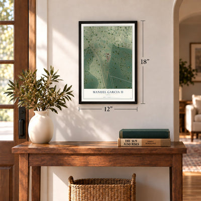 Manuel Garcia II, Texas map, 12 x 18 inch print in a black frame in an entryway