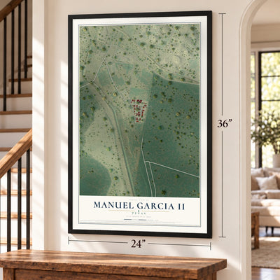 Manuel Garcia II, Texas map, 24 x 36 inch print in a black frame by a staircase