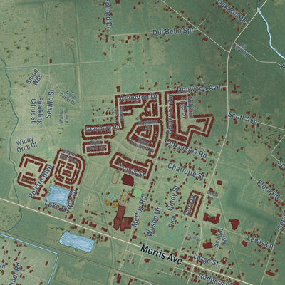 Close-up of the map of Manvel, Texas print showing street and building detail