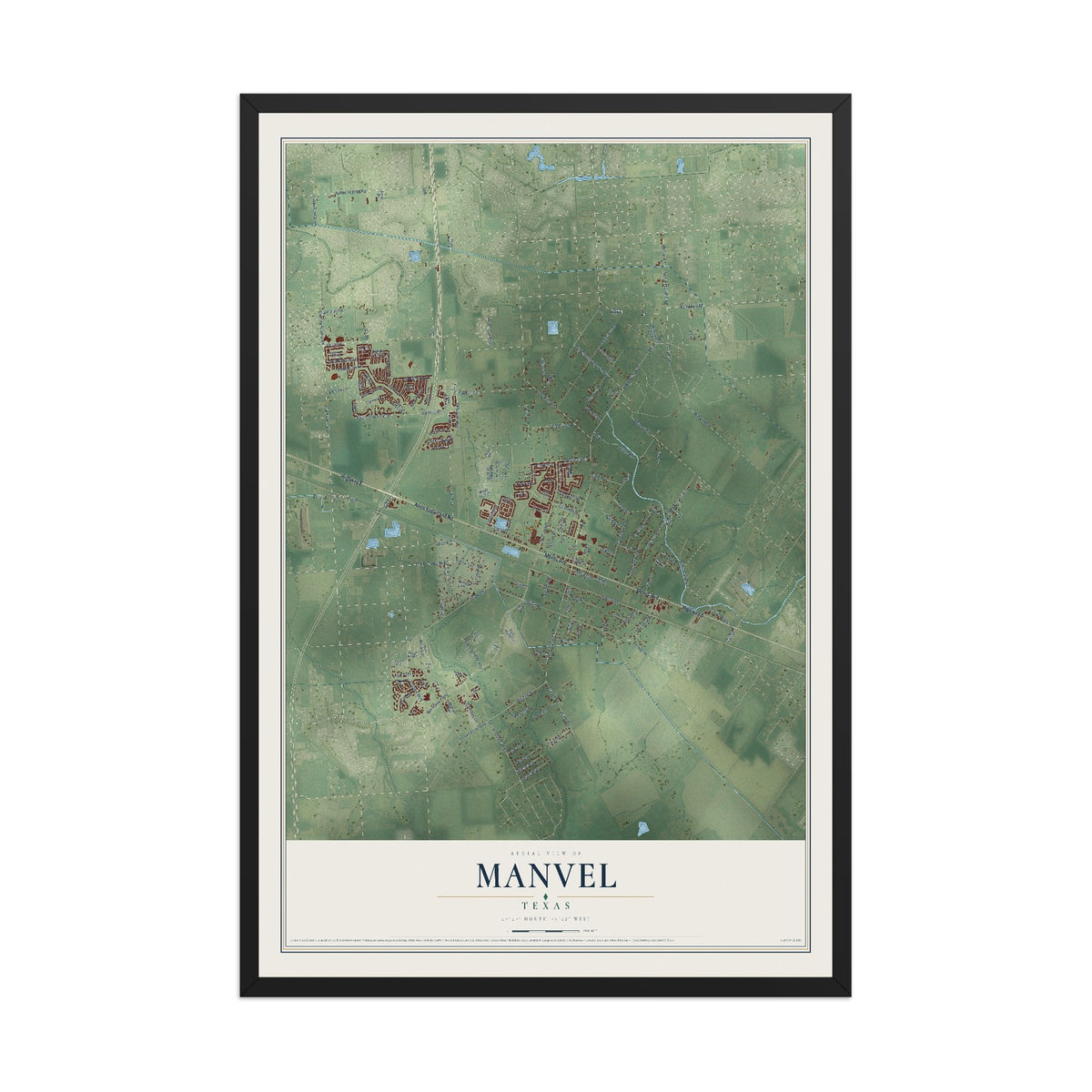 Map of Manvel, Texas, 12 x 18 inch print in a black wood frame