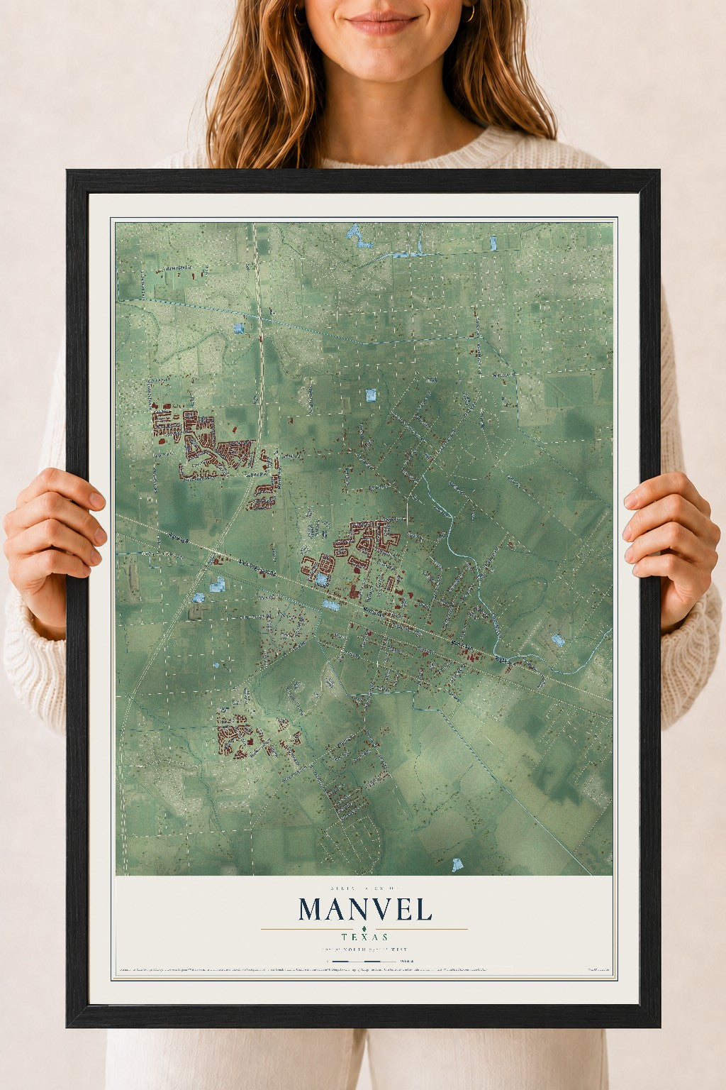 Map of Manvel, Texas, 18 x 24 inch print in a black wood frame