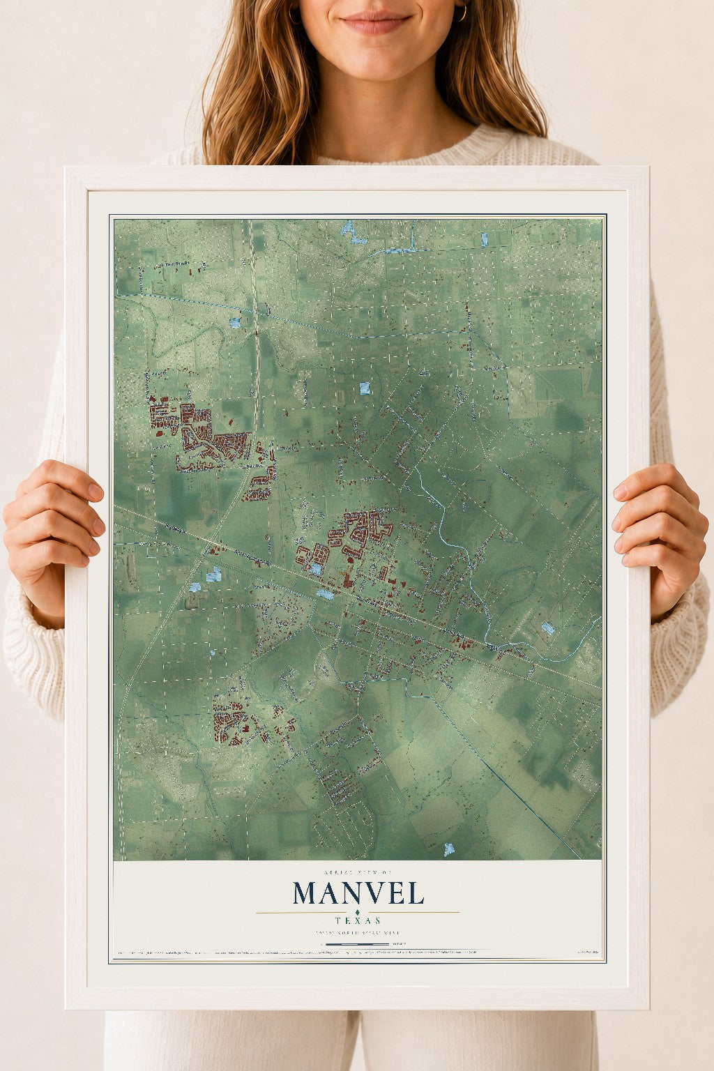Map of Manvel, Texas, 18 x 24 inch print in a white wood frame