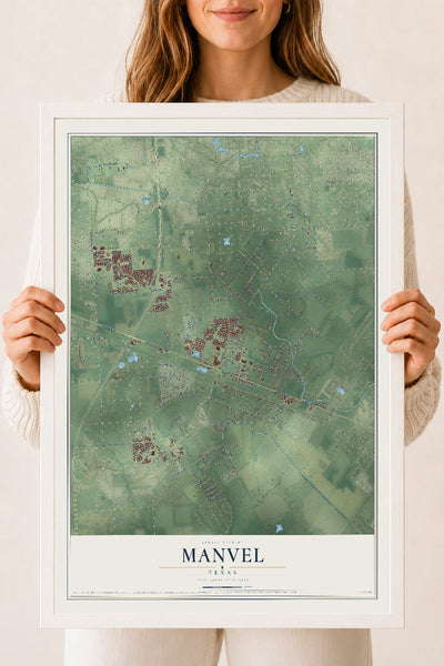 Map of Manvel, Texas, 18 x 24 inch print in a white wood frame
