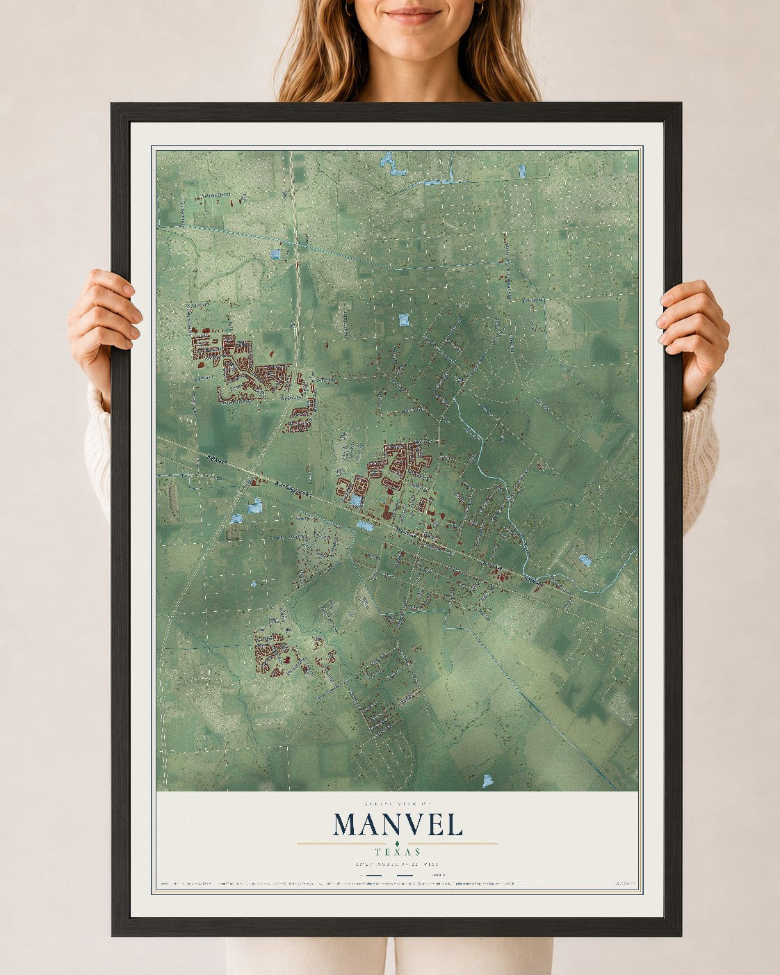 Map of Manvel, Texas, 24 x 36 inch print in a black wood frame