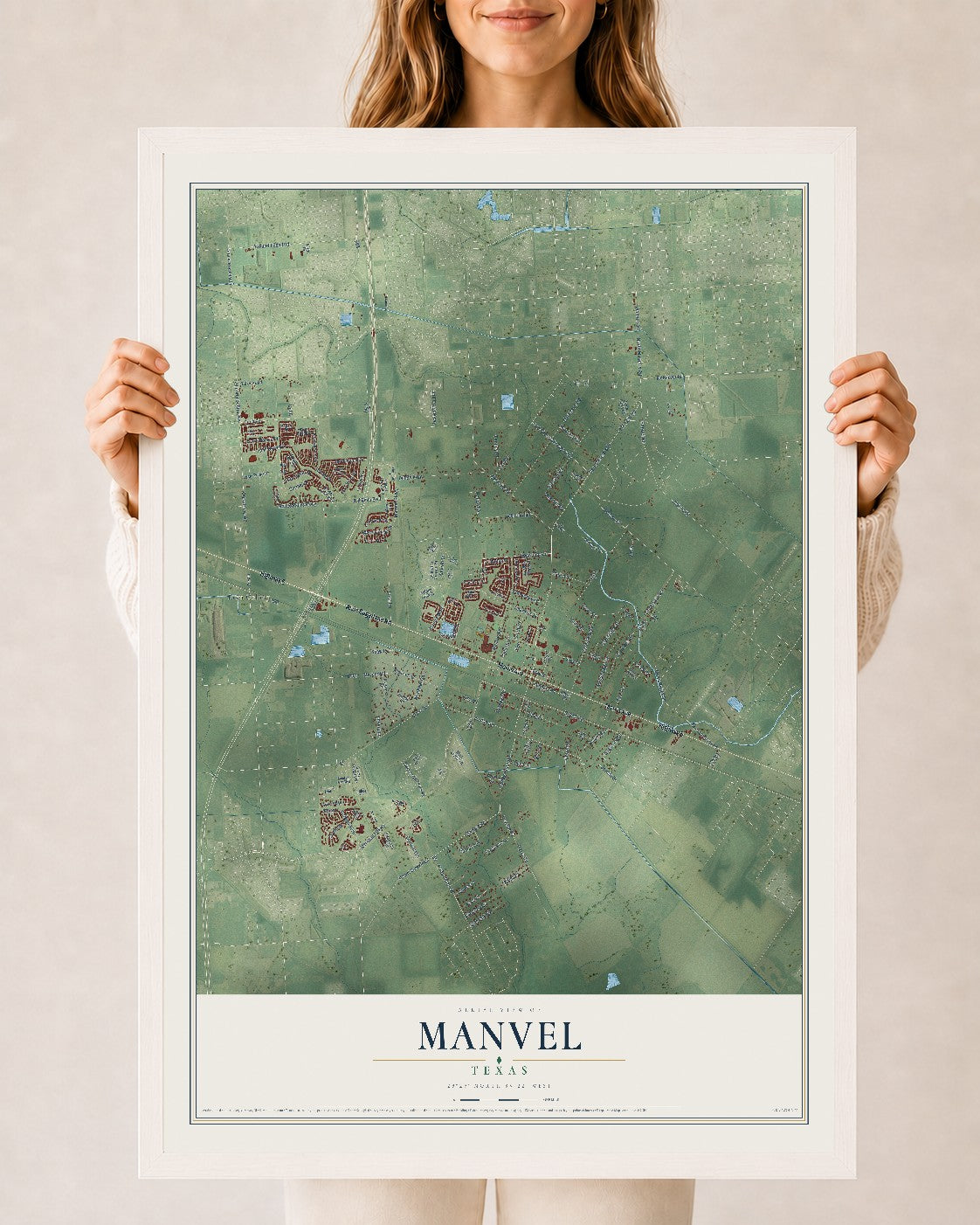 Map of Manvel, Texas, 24 x 36 inch print in a white wood frame