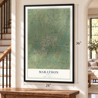 Marathon, Texas map, 24 x 36 inch print in a black frame by a staircase