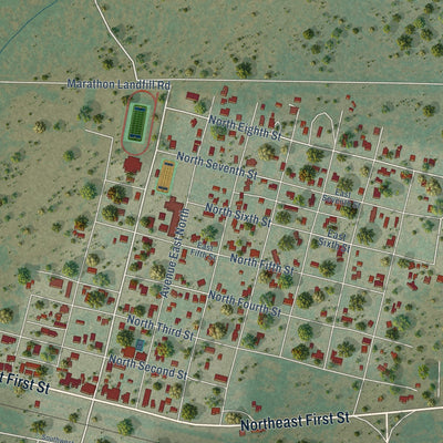 Close-up of the map of Marathon, Texas print showing street and building detail