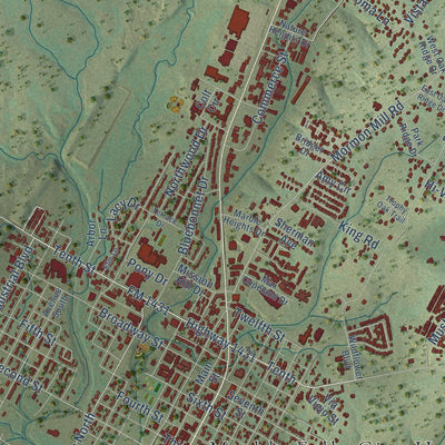 Close-up of the map of Marble Falls, Texas print showing street and building detail