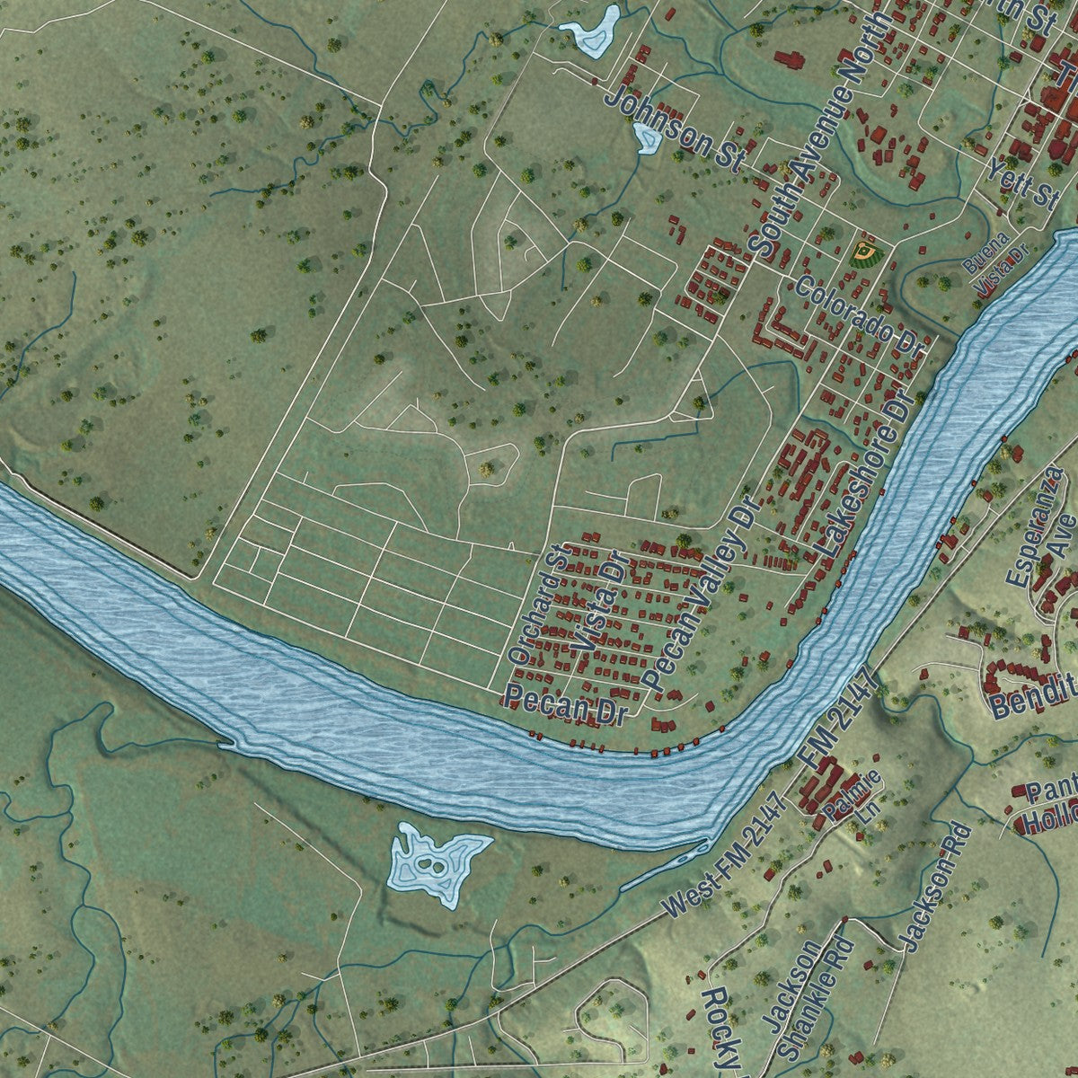 Second close-up of the map of Marble Falls, Texas print showing more streets and buildings