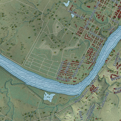 Second close-up of the map of Marble Falls, Texas print showing more streets and buildings