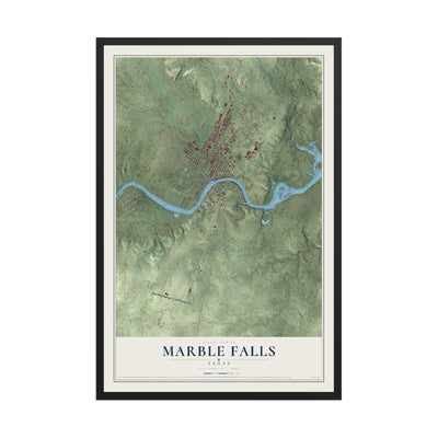 Map of Marble Falls, Texas, 12 x 18 inch print in a black wood frame
