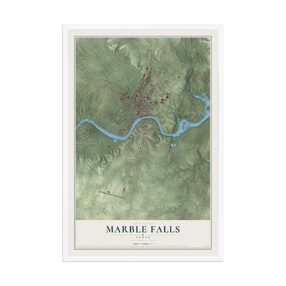 Map of Marble Falls, Texas, 12 x 18 inch print in a white wood frame