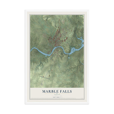 Map of Marble Falls, Texas, 12 x 18 inch print in a white wood frame