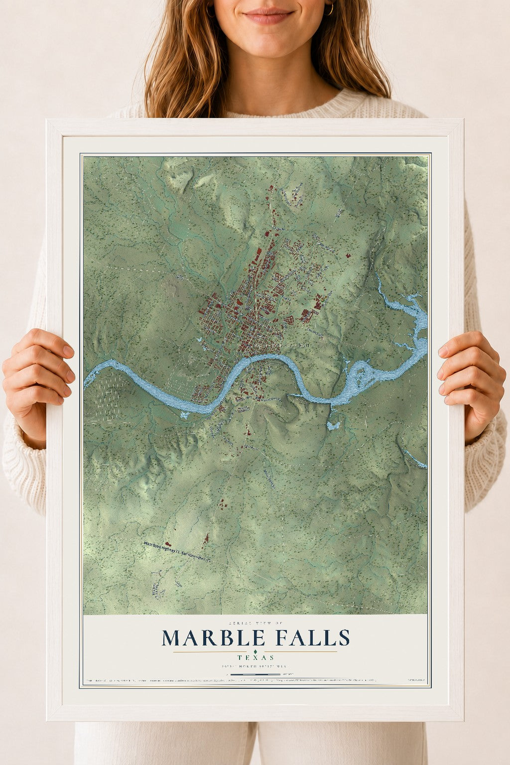 Map of Marble Falls, Texas, 18 x 24 inch print in a white wood frame