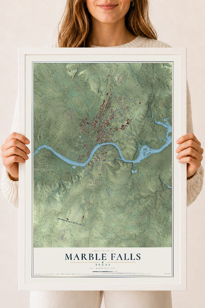 Map of Marble Falls, Texas, 18 x 24 inch print in a white wood frame