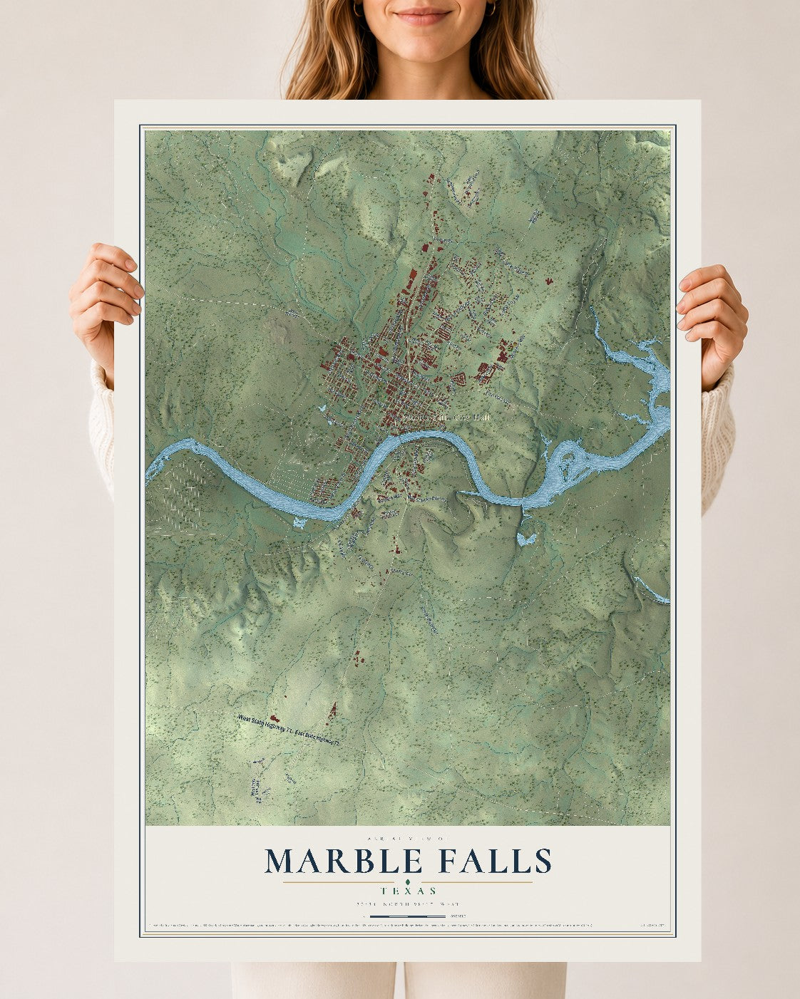 Map of Marble Falls, Texas, 24 x 36 inch unframed archival matte print
