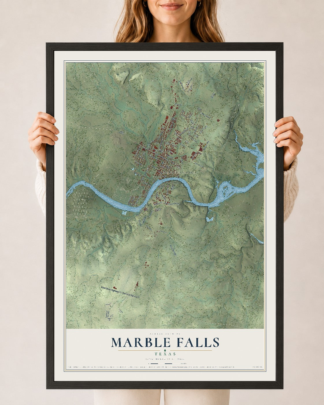 Map of Marble Falls, Texas, 24 x 36 inch print in a black wood frame
