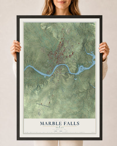 Map of Marble Falls, Texas, 24 x 36 inch print in a black wood frame
