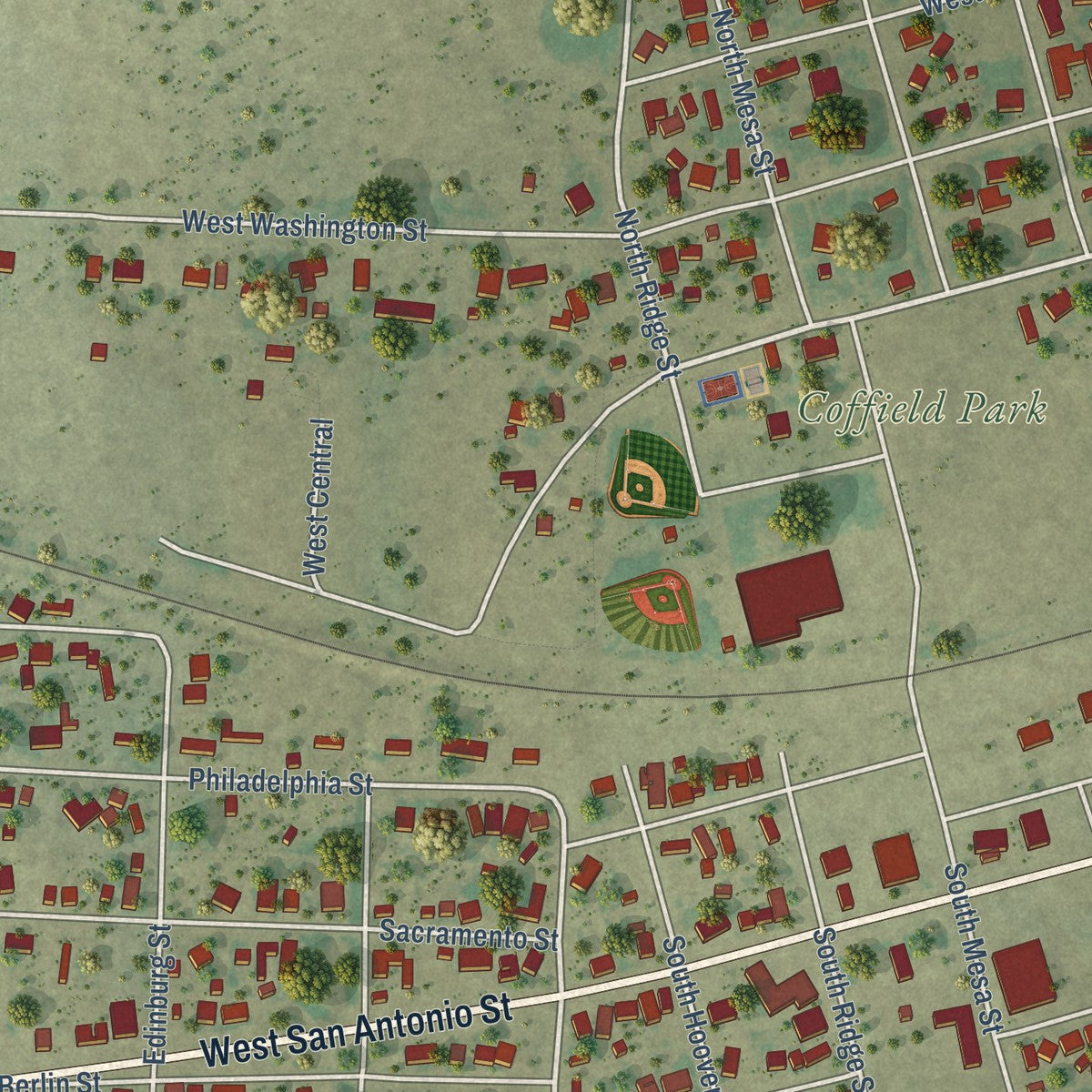 Second close-up of the map of Marfa, Texas print showing more streets and buildings