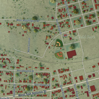 Second close-up of the map of Marfa, Texas print showing more streets and buildings