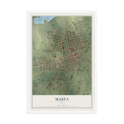 Map of Marfa, Texas, 12 x 18 inch print in a white wood frame
