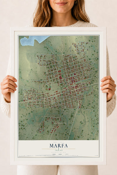 Map of Marfa, Texas, 18 x 24 inch print in a white wood frame