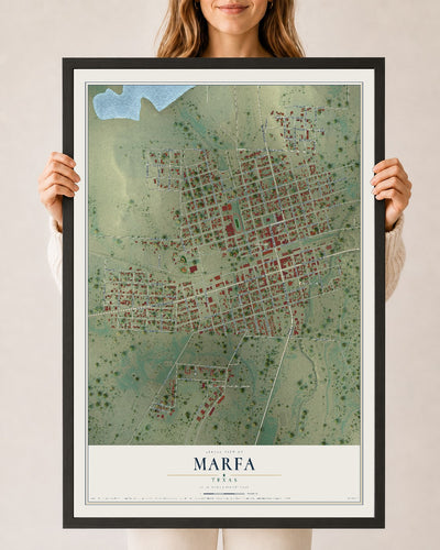 Map of Marfa, Texas, 24 x 36 inch print in a black wood frame