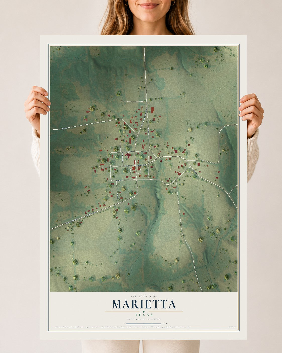Map of Marietta, Texas, 24 x 36 inch unframed archival matte print