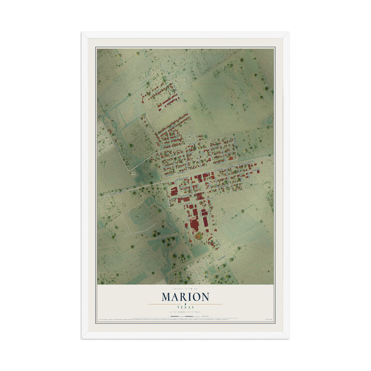 Map of Marion, Texas, 12 x 18 inch print in a white wood frame