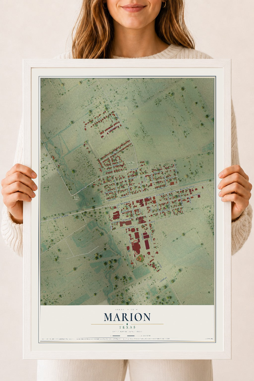 Map of Marion, Texas, 18 x 24 inch print in a white wood frame